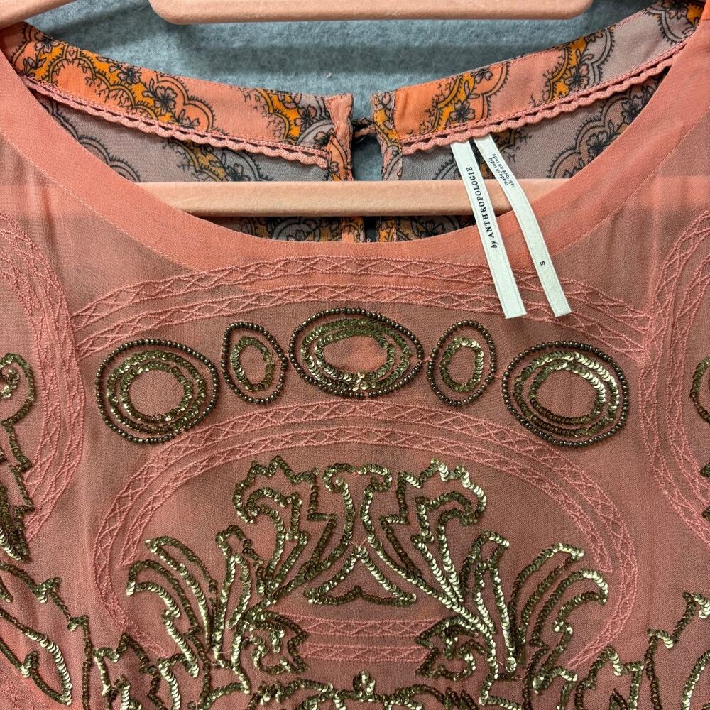 Anthropologie Ignacia Sheer Sequined Blouse Coral Gold Boho Top Women S - Picture 2 of 9